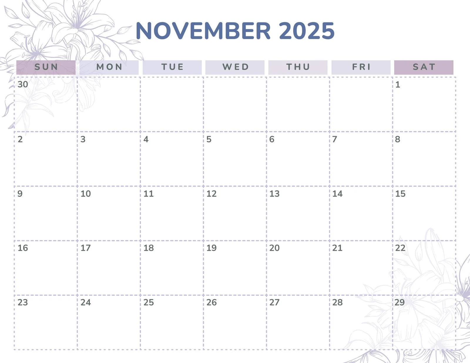 Blank November Calendar Month Printable