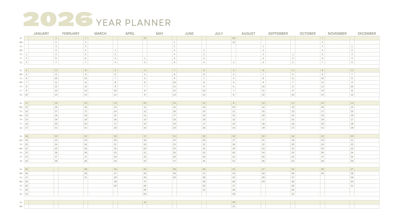 Blank 2026 Calendar Year