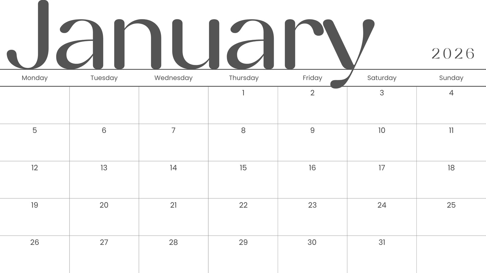 January Printable Calendar 2026