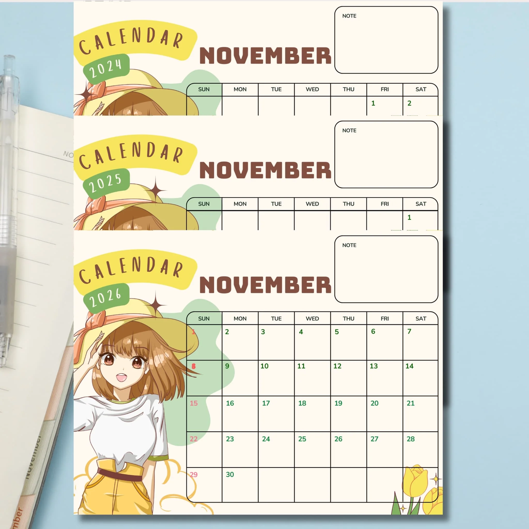 Free Anime Hand Drawn November Calendar 2024 2026 Yellow 