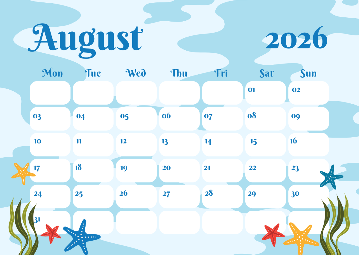Free Beach August 2026 Calendar Template To Edit Online