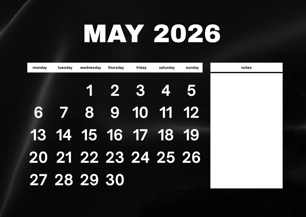 Free Black May 2026 Calendar Template To Edit Online