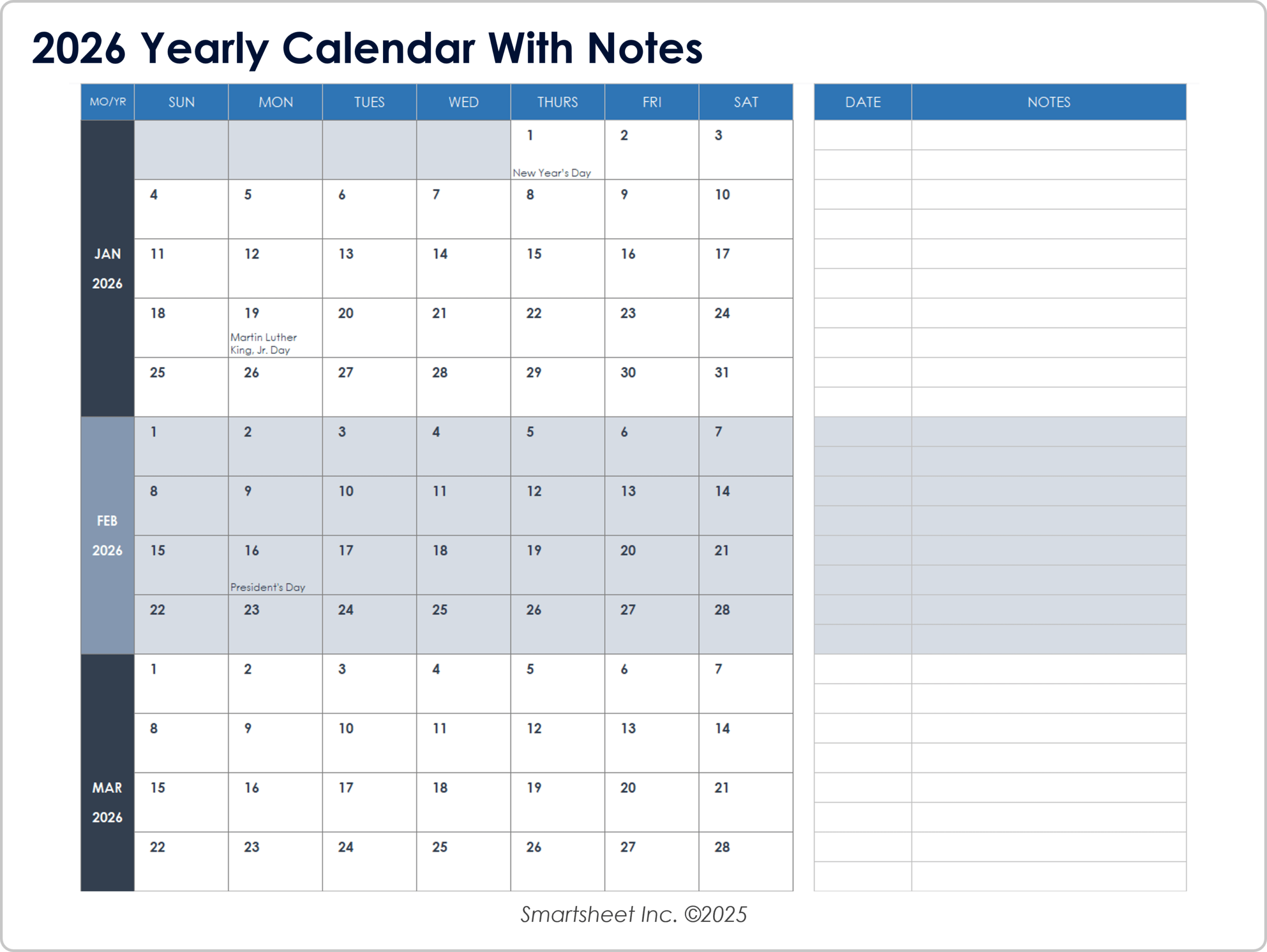 Blank Yearly Calendar Printable