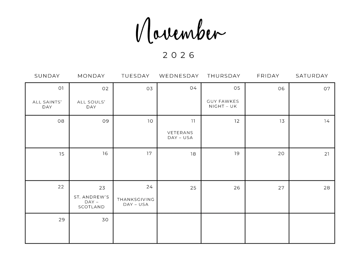 Free Blank November 2026 Calendar Template To Edit Online