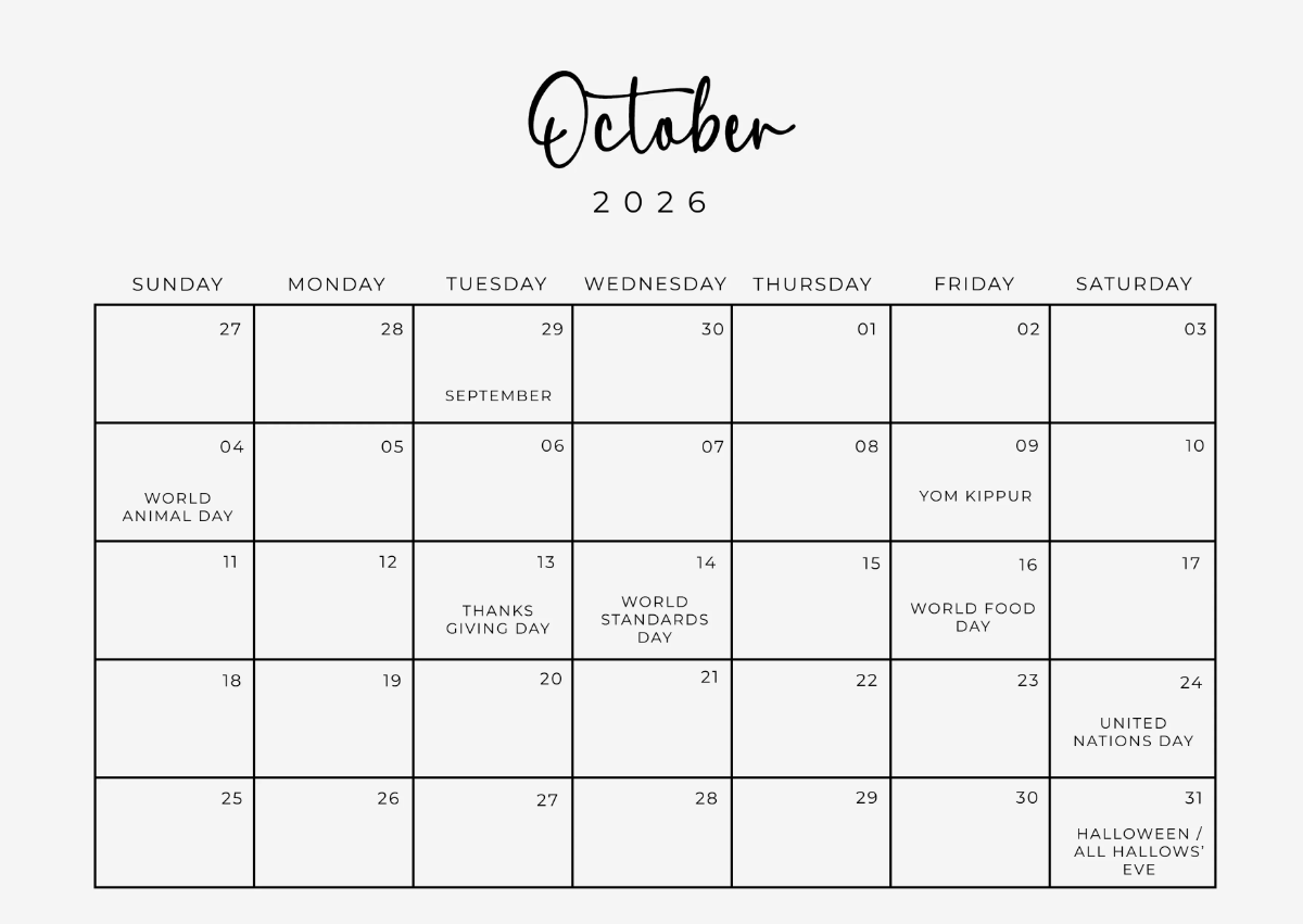 October 2026 Calendar Blank Pdf