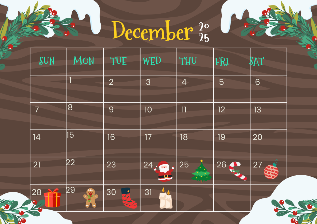 December Christmas Calendar Printable