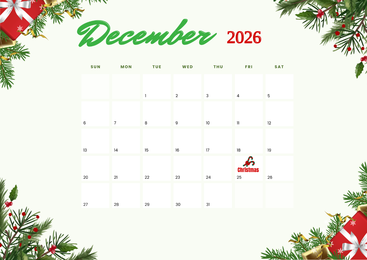 Blank December 2026 Calendar Printable Editable