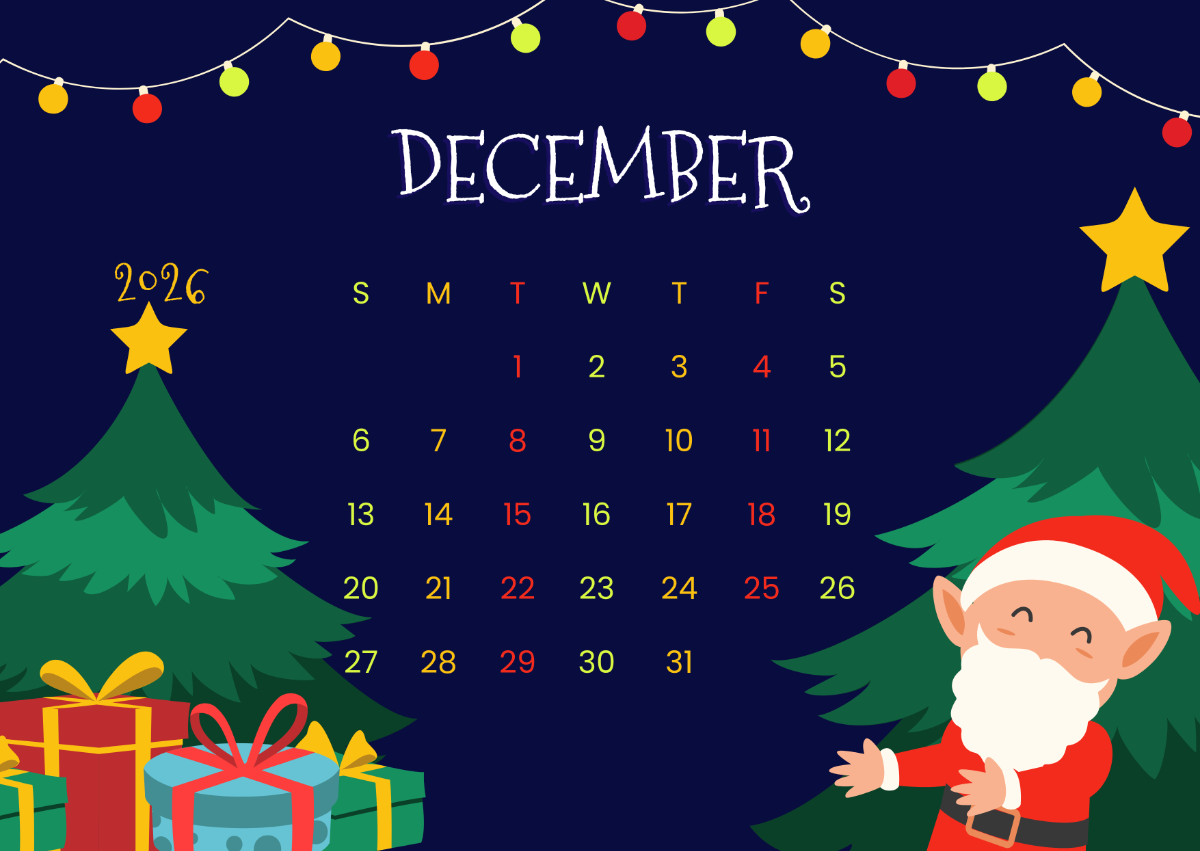 Free Printable December 2026 Calendar Christmas