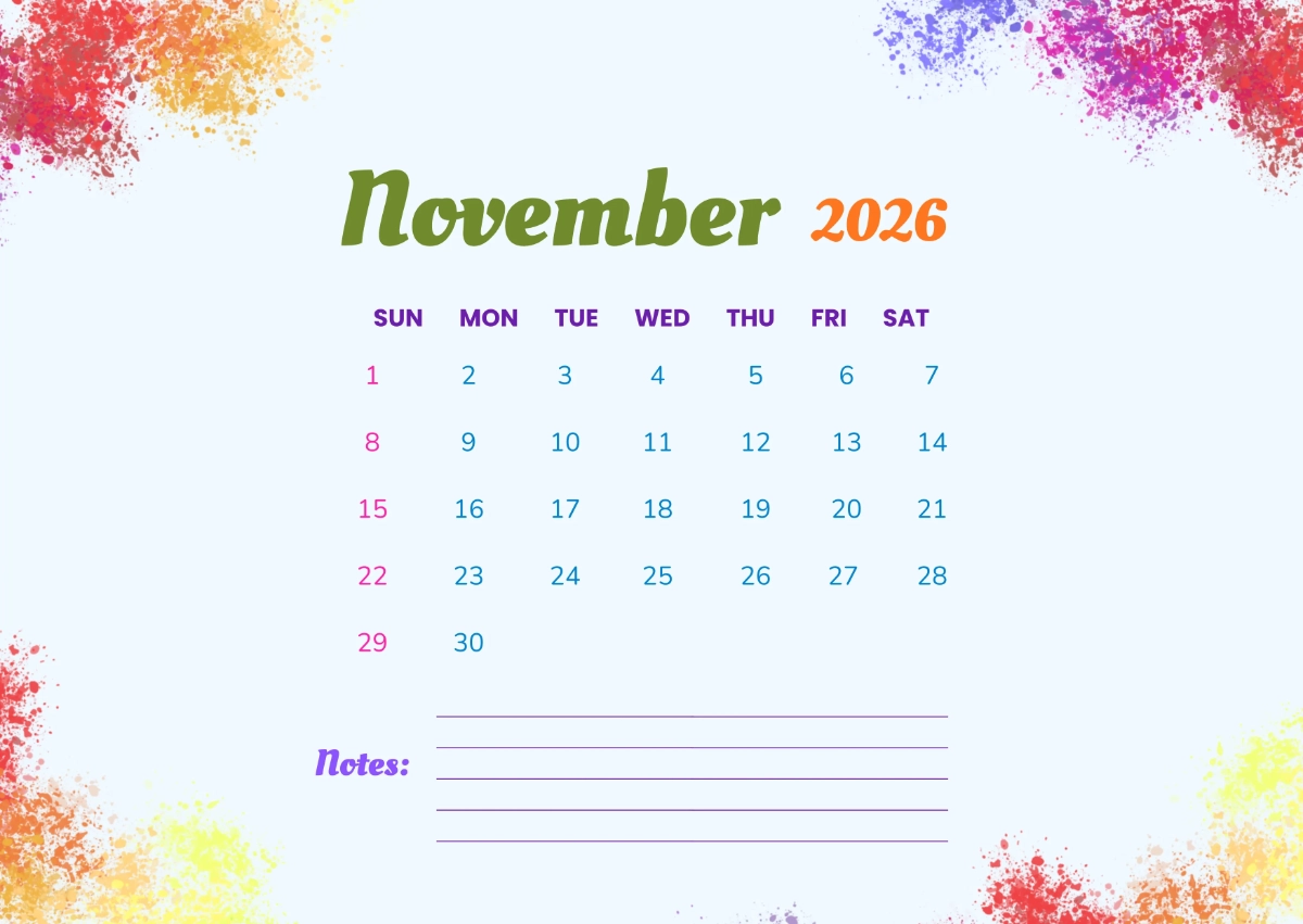 Colored November 2026 Calendar Printable