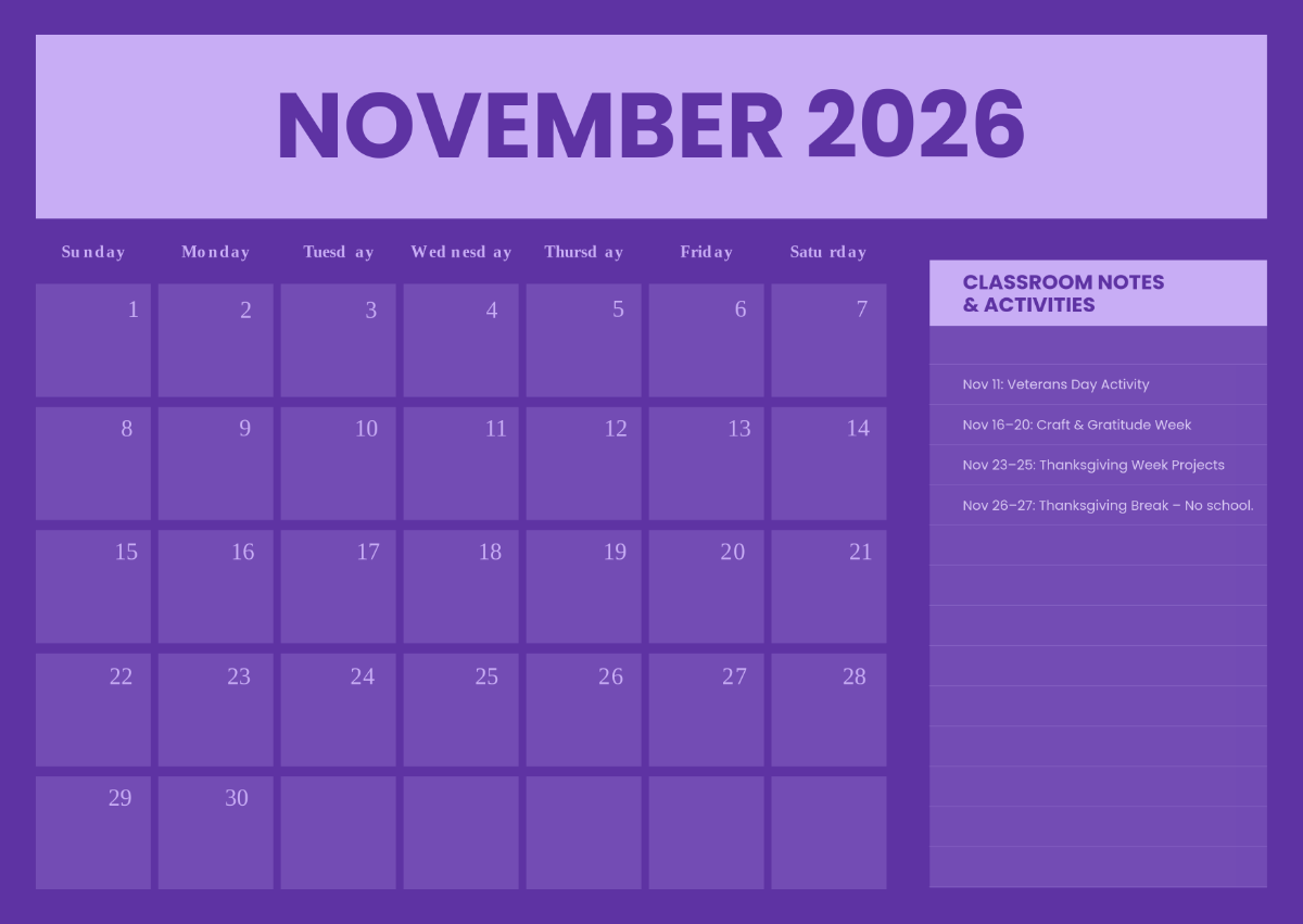 Free Creative November 2026 Classroom Calendar Template To Edit Online