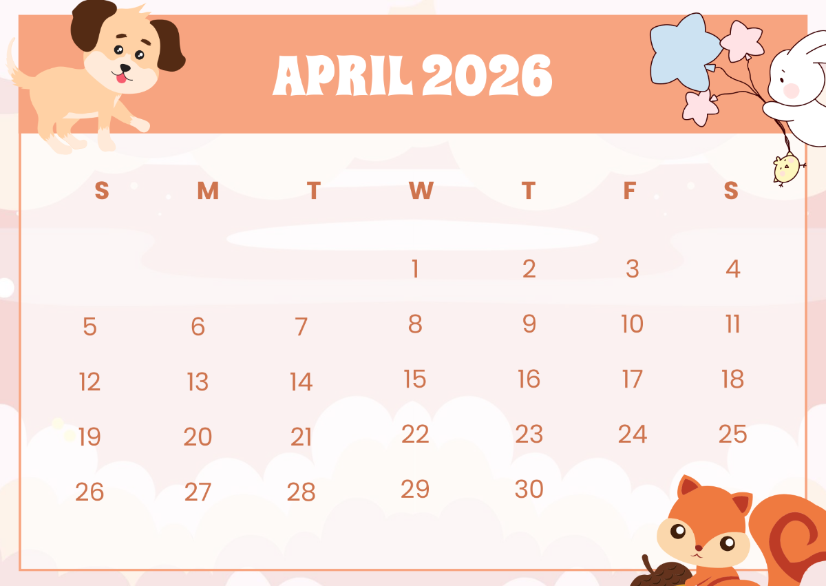 Free Cute April 2026 Calendar Design Template To Edit Online