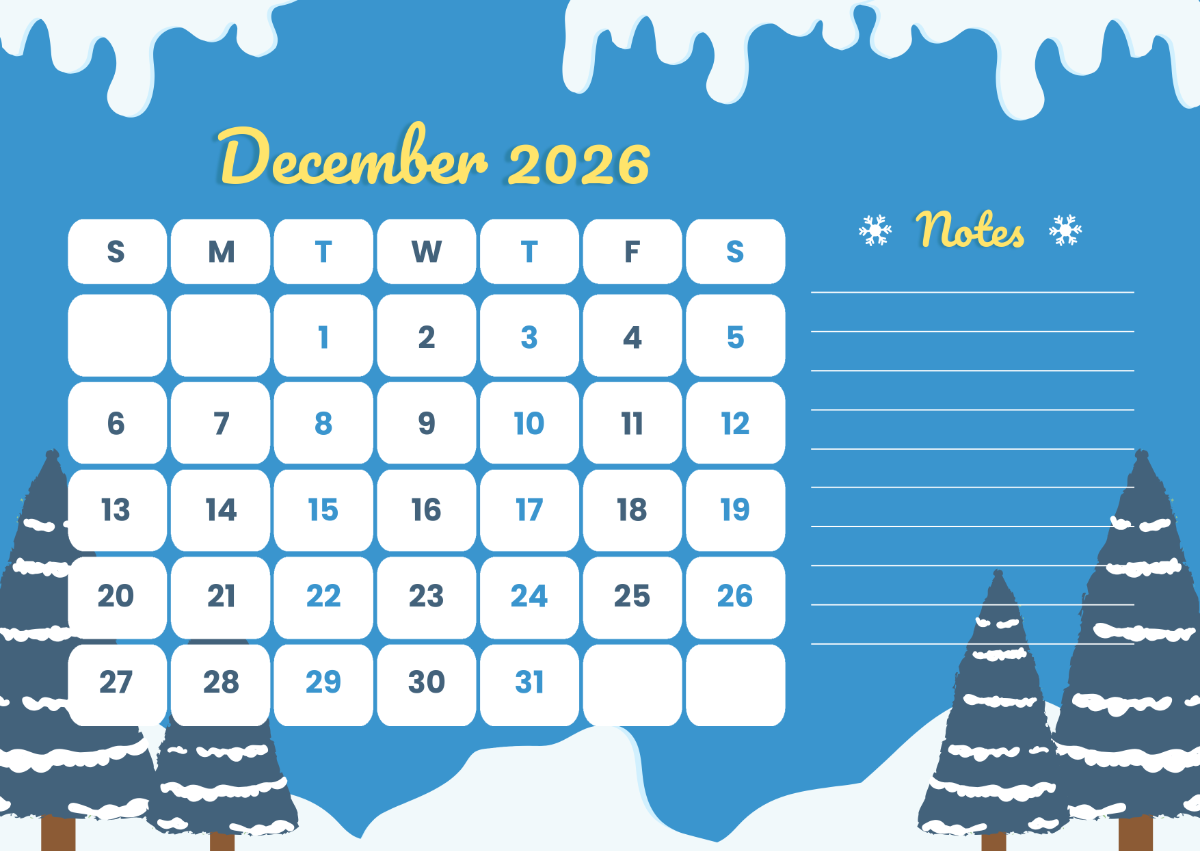 Calendar 2026 December Printable With Notes