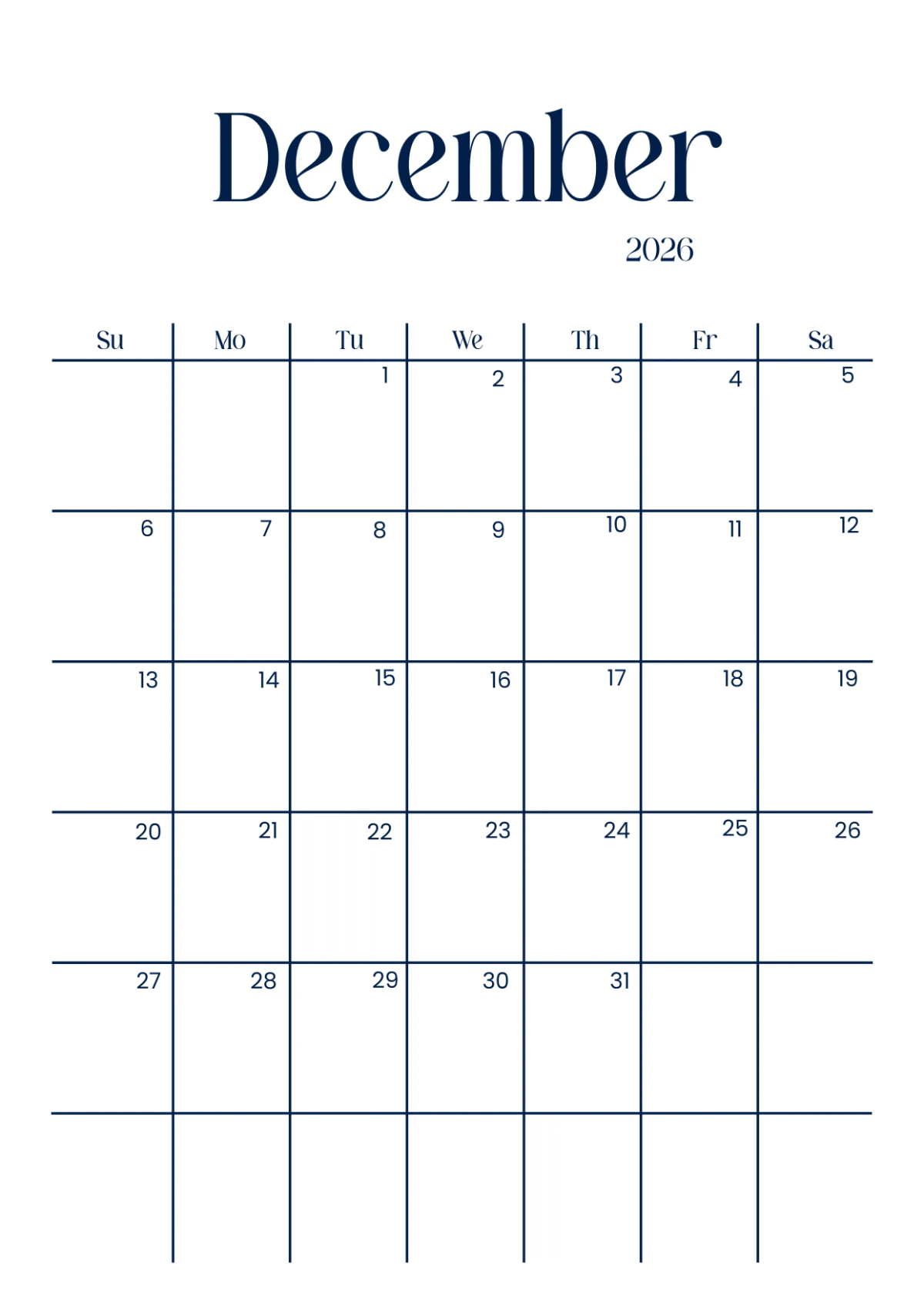 Fillable December 2026 Calendar Printable