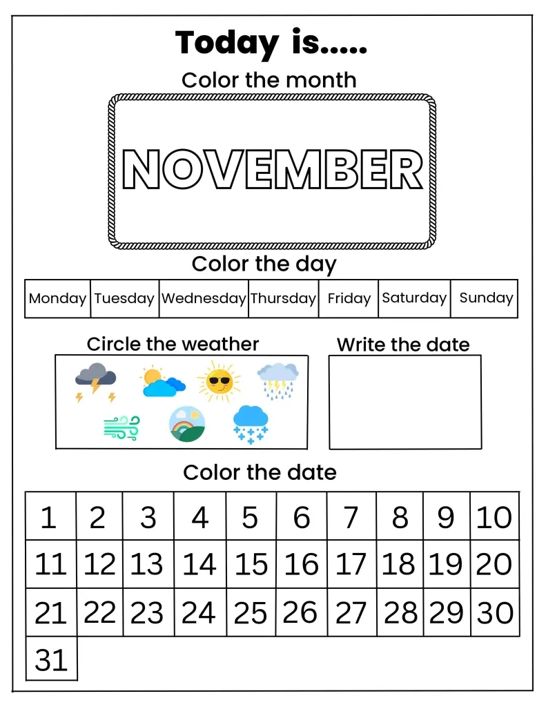 Printable November Calendar Of Preschool Activities
