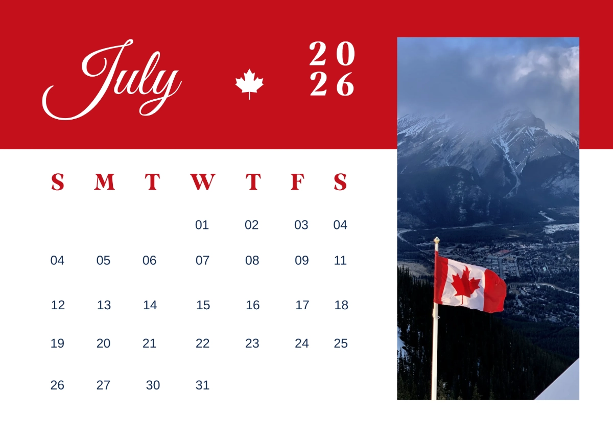 Free July 2026 Canada Calendar Template To Edit Online