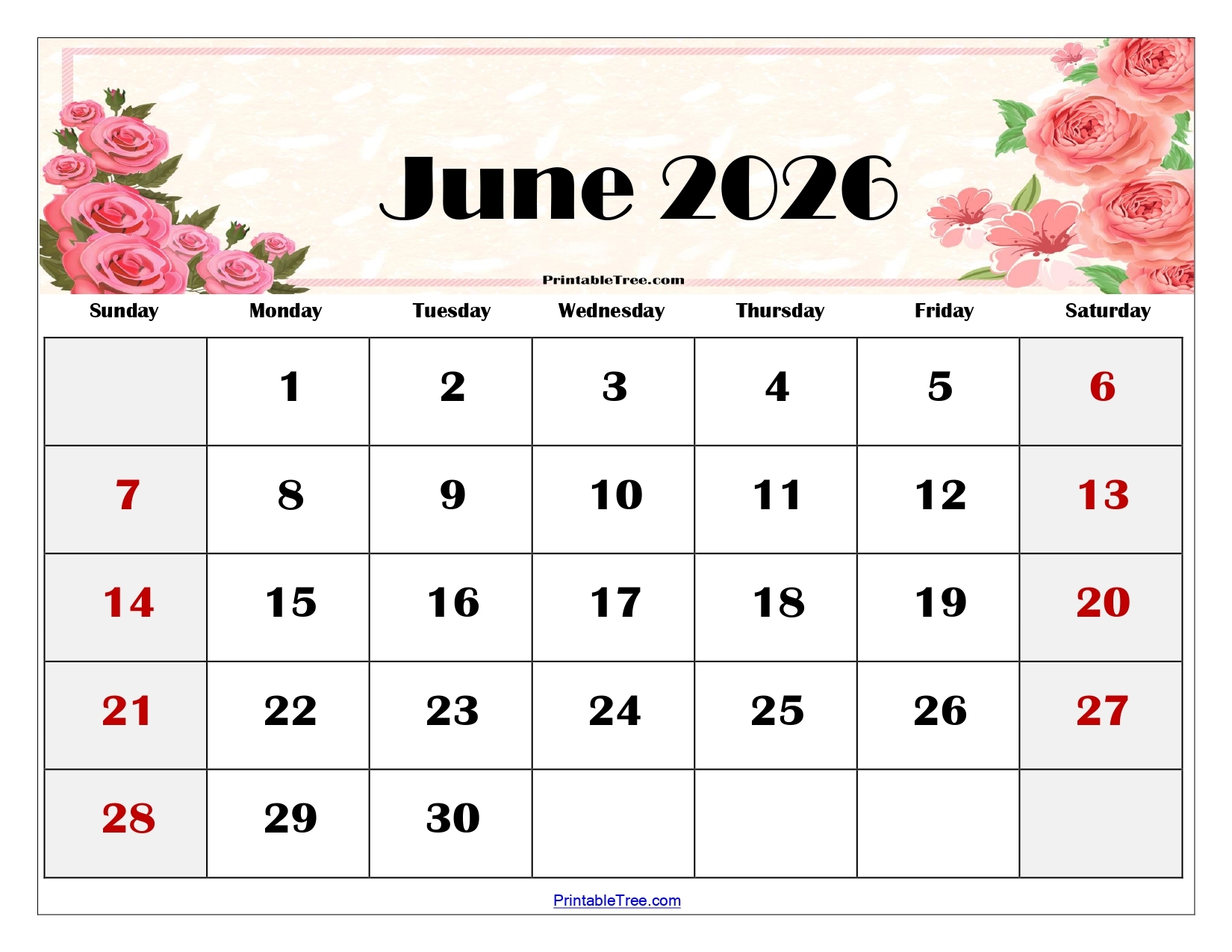 Blank Calendar 2026 June Printable