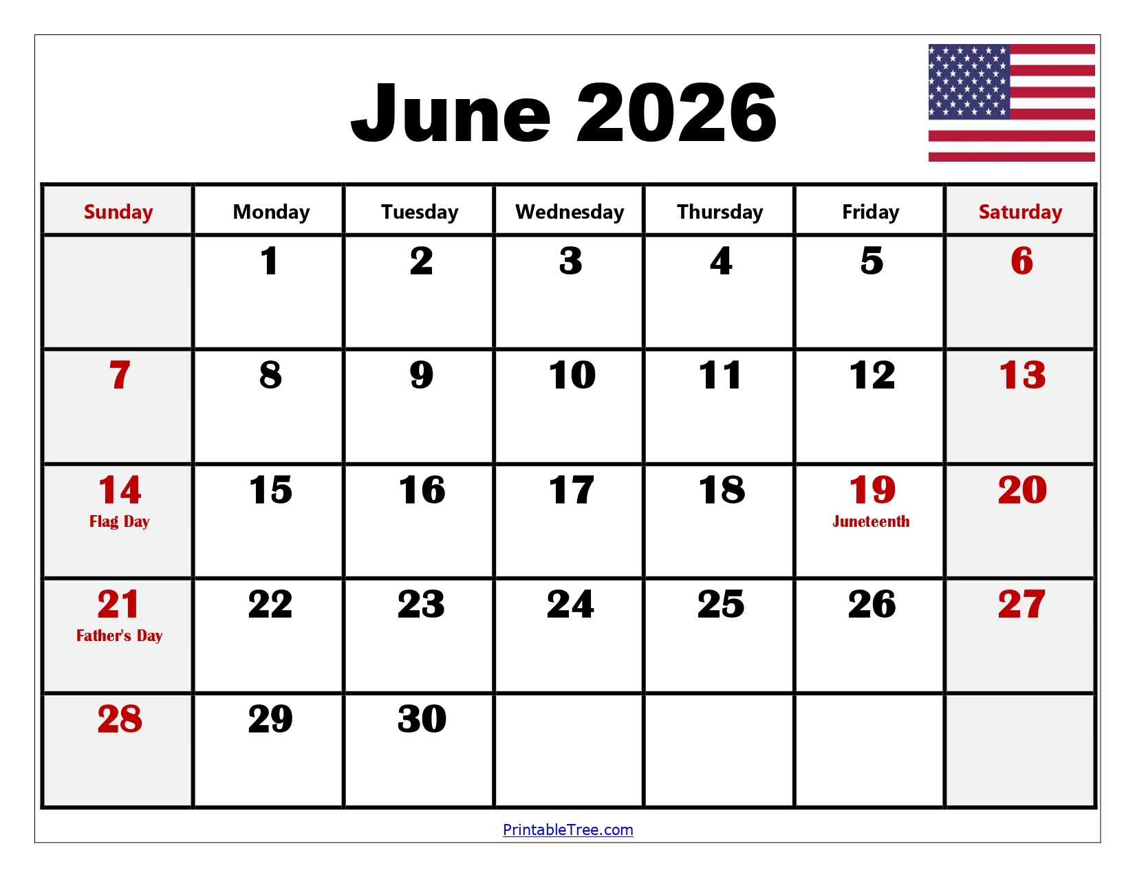 Printable Calendar June 2026 Free Printable