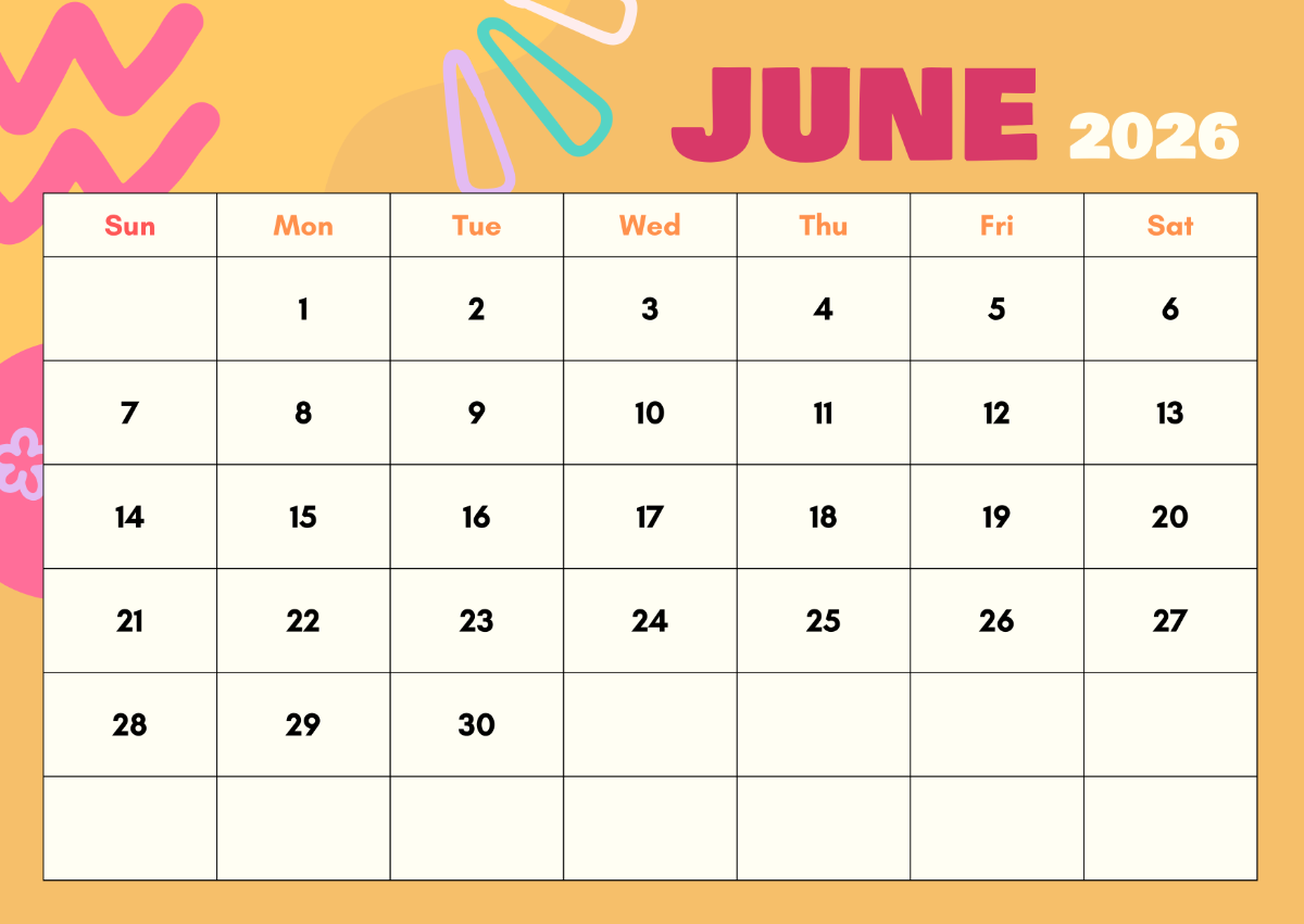 Free Large June 2026 Calendar Template To Edit Online