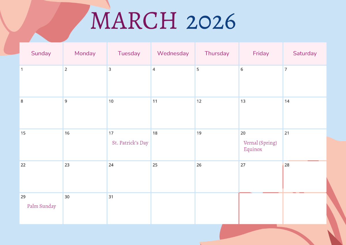 Free March 2026 With Holidays Calendar Template To Edit Online