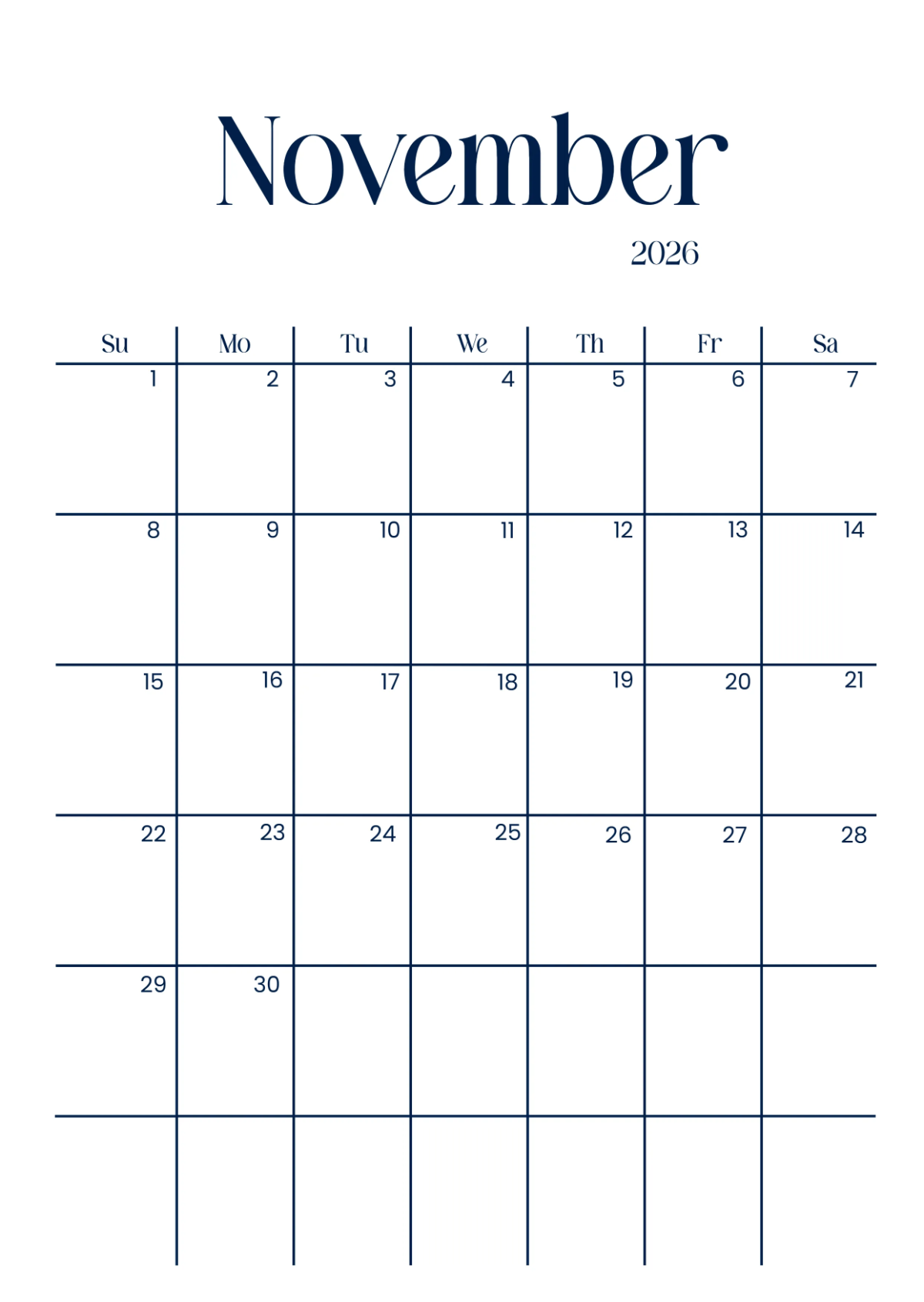 Free Modern November 2026 Calendar Template To Edit Online