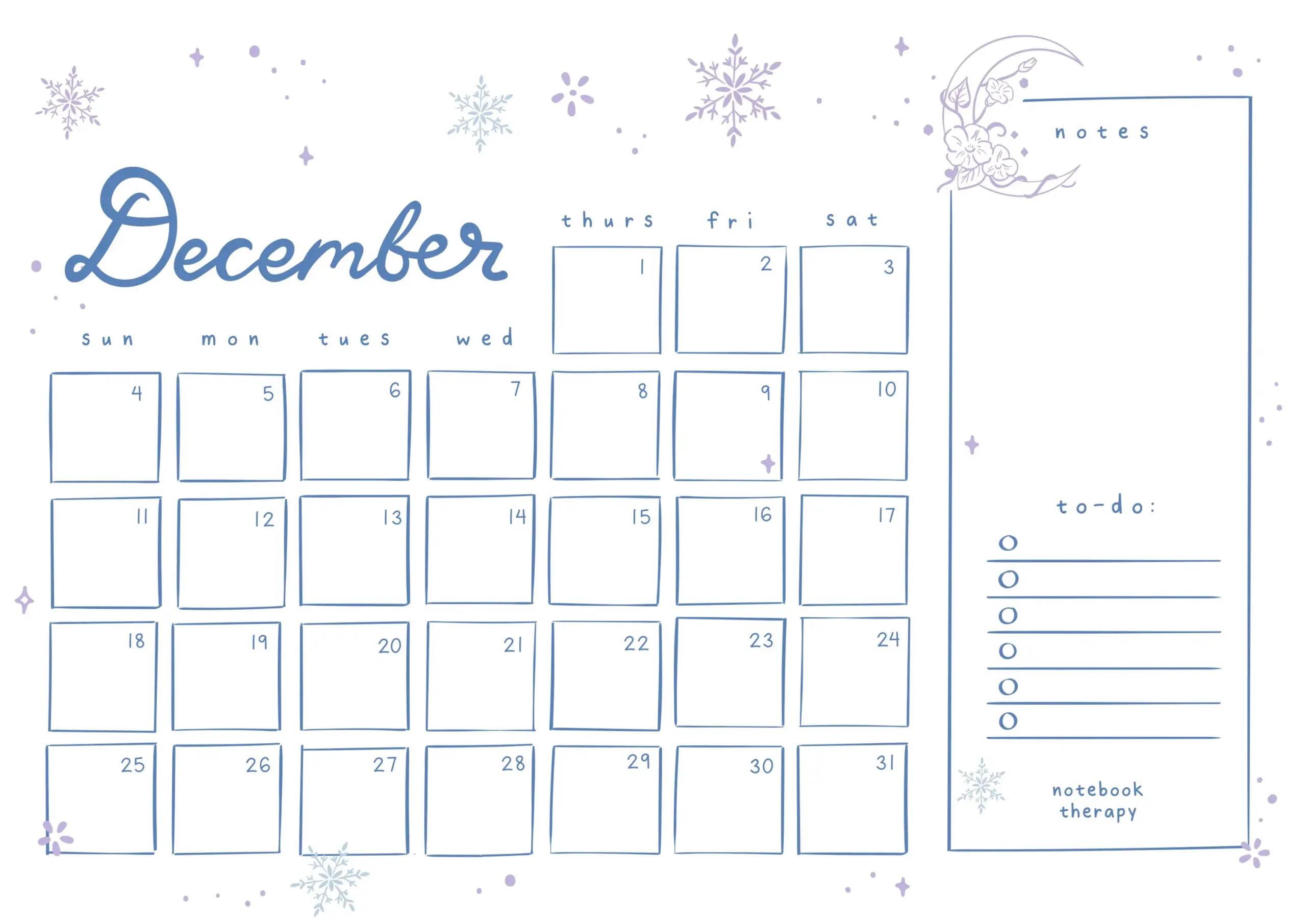 Free Monthly Calendar Printable NotebookTherapy