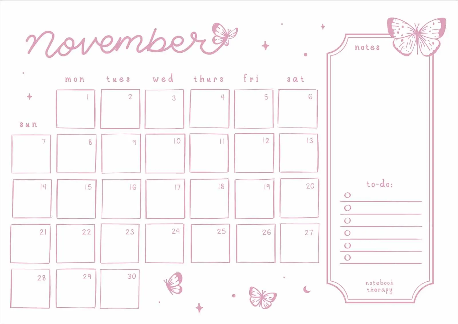November Monthly Calendar Printable