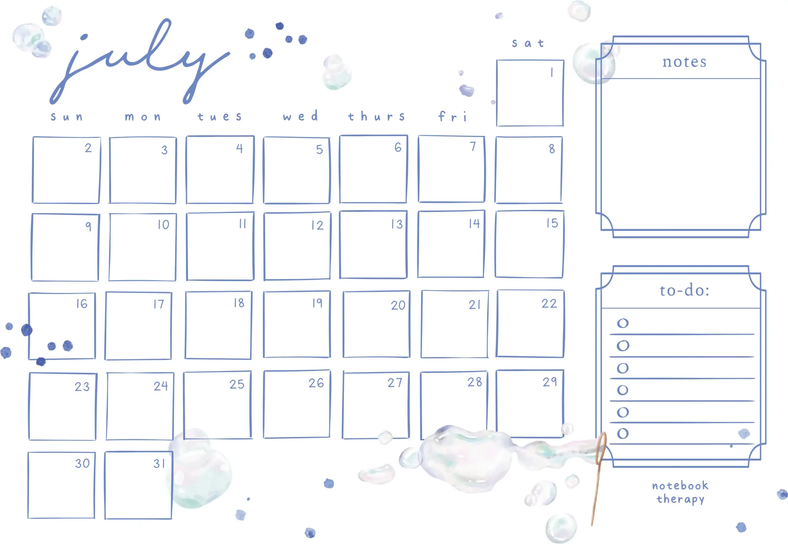 Free Monthly Calendar Printable NotebookTherapy