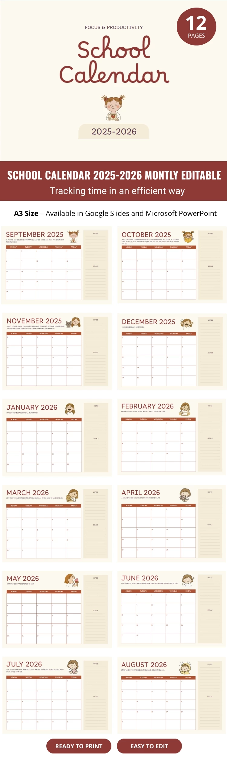 Free Montly Editable School Calendar 2025 2026 Template In Google 