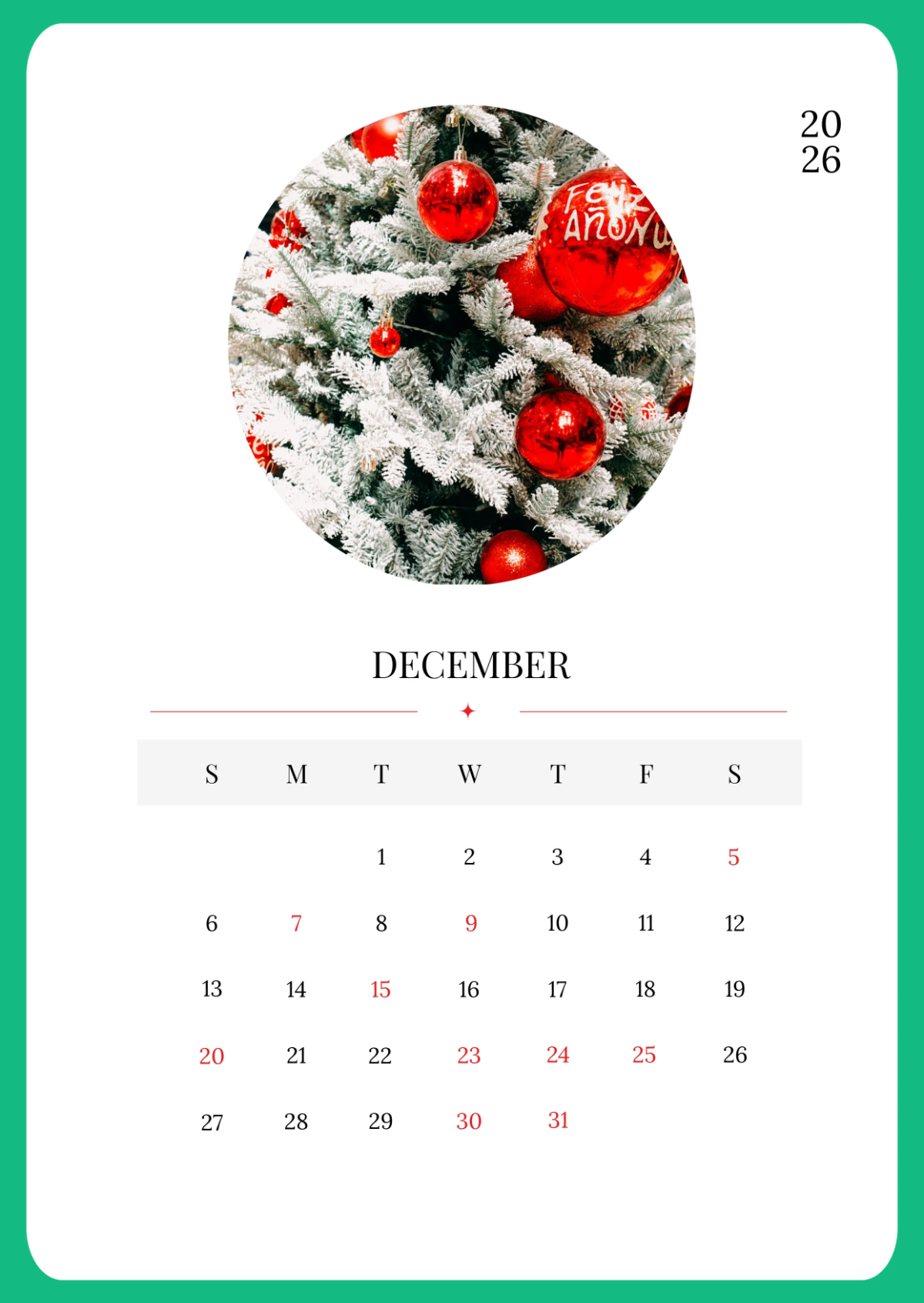 Online Printable 2026 Calendar December