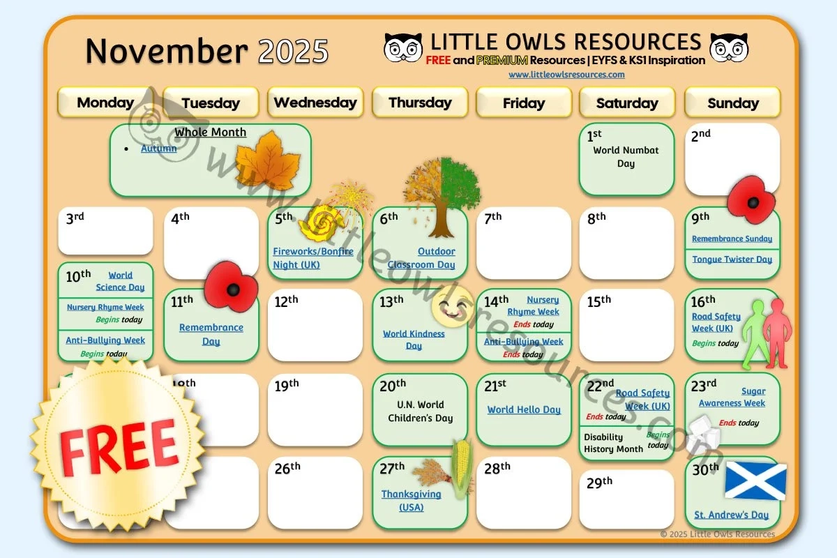 FREE November 2025 Special Date Events Calendar EYFS amp KS1 