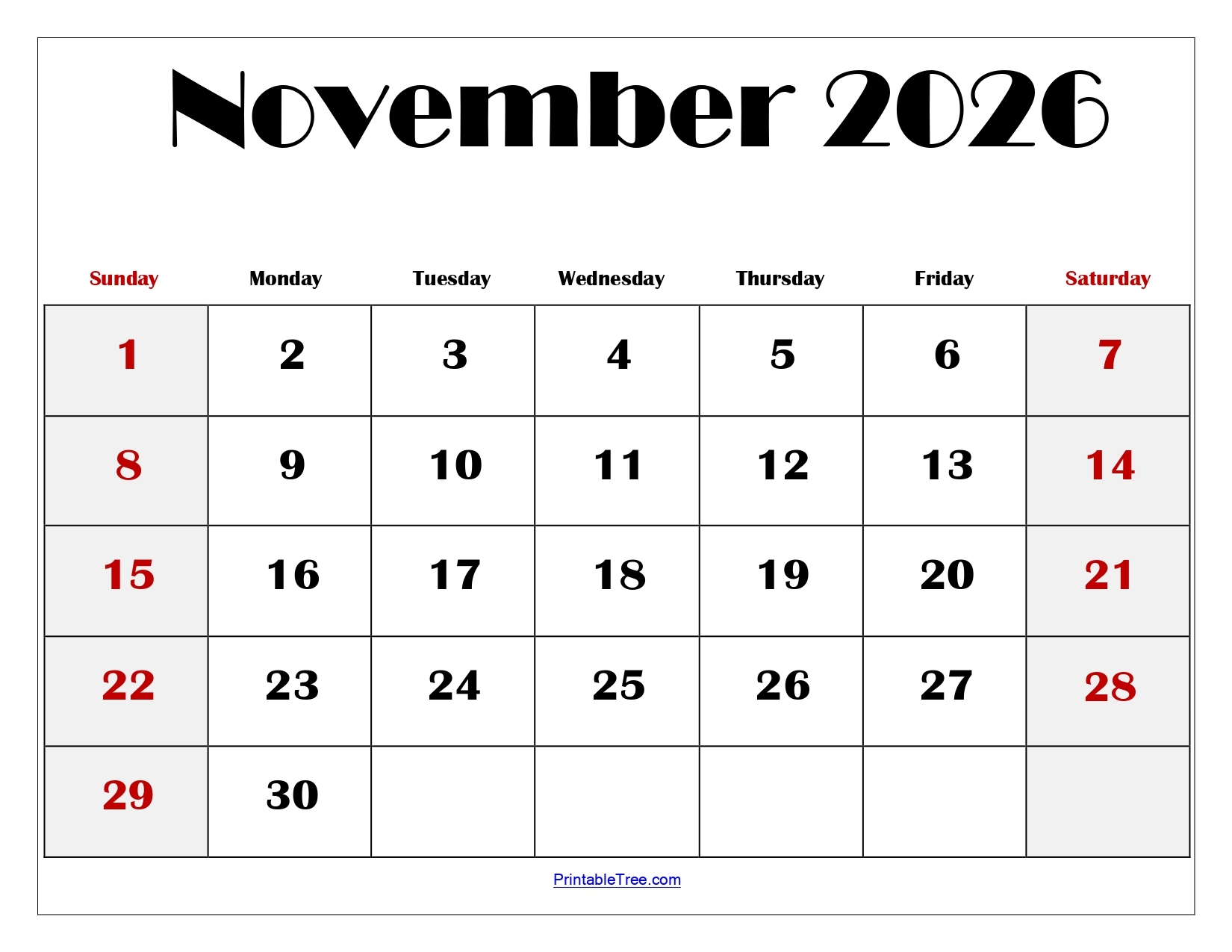 2026 Blank Printable November Calendar