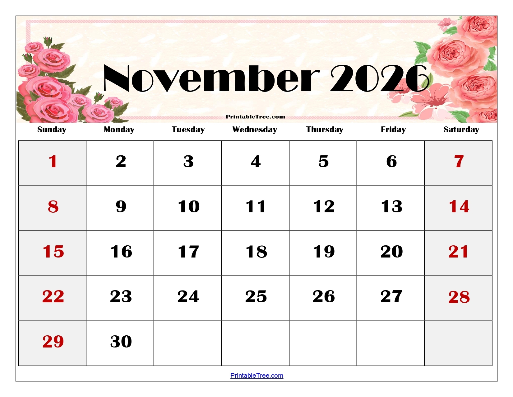 November Calendar 2026 Printable Free