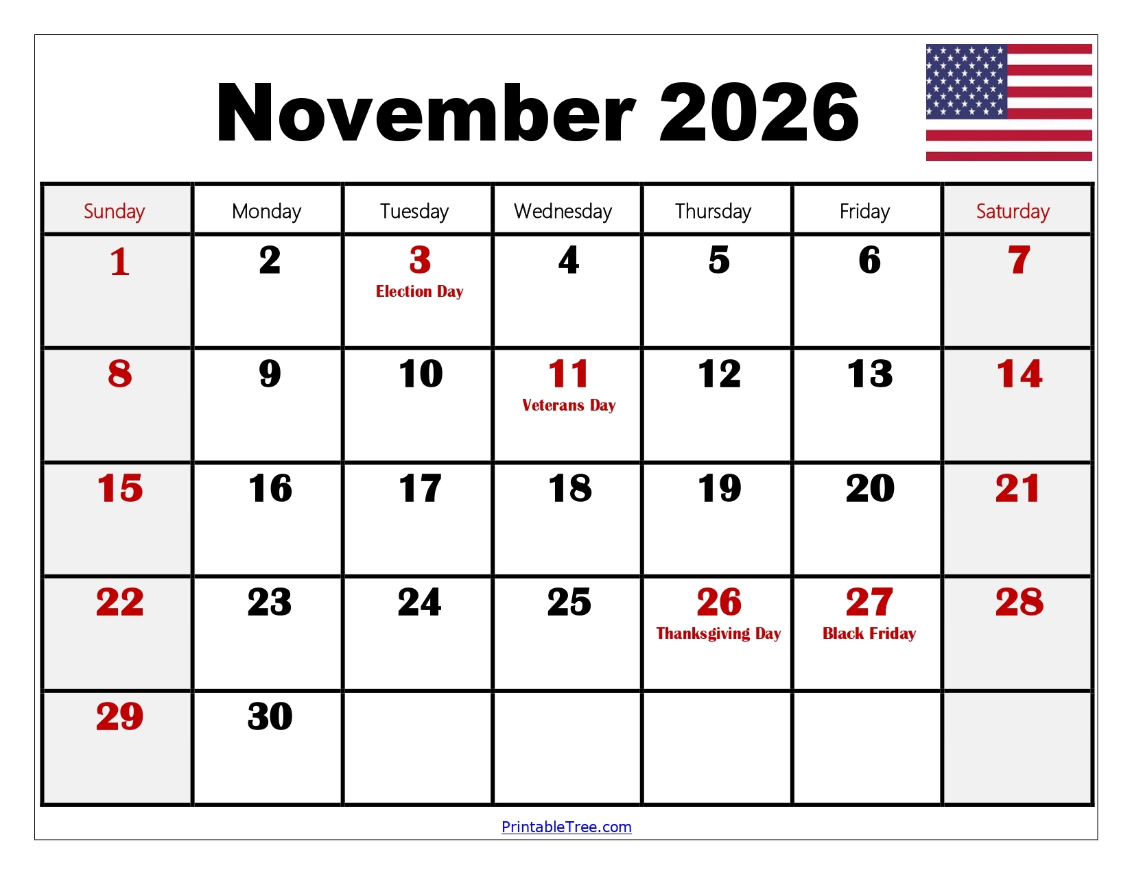 Large Print Printable Calendar November 2026
