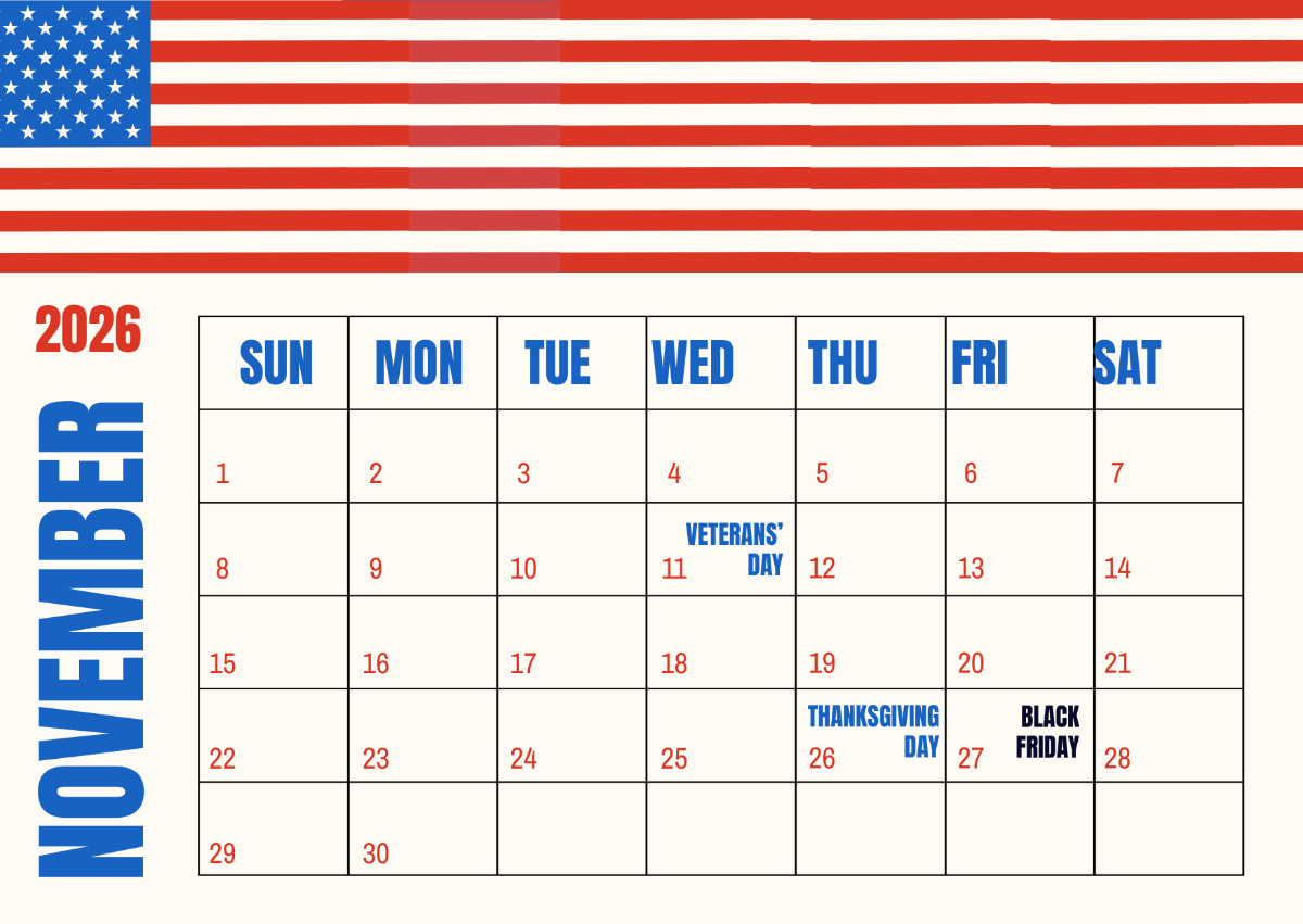 Printable November 2026 Calendar With Holiday