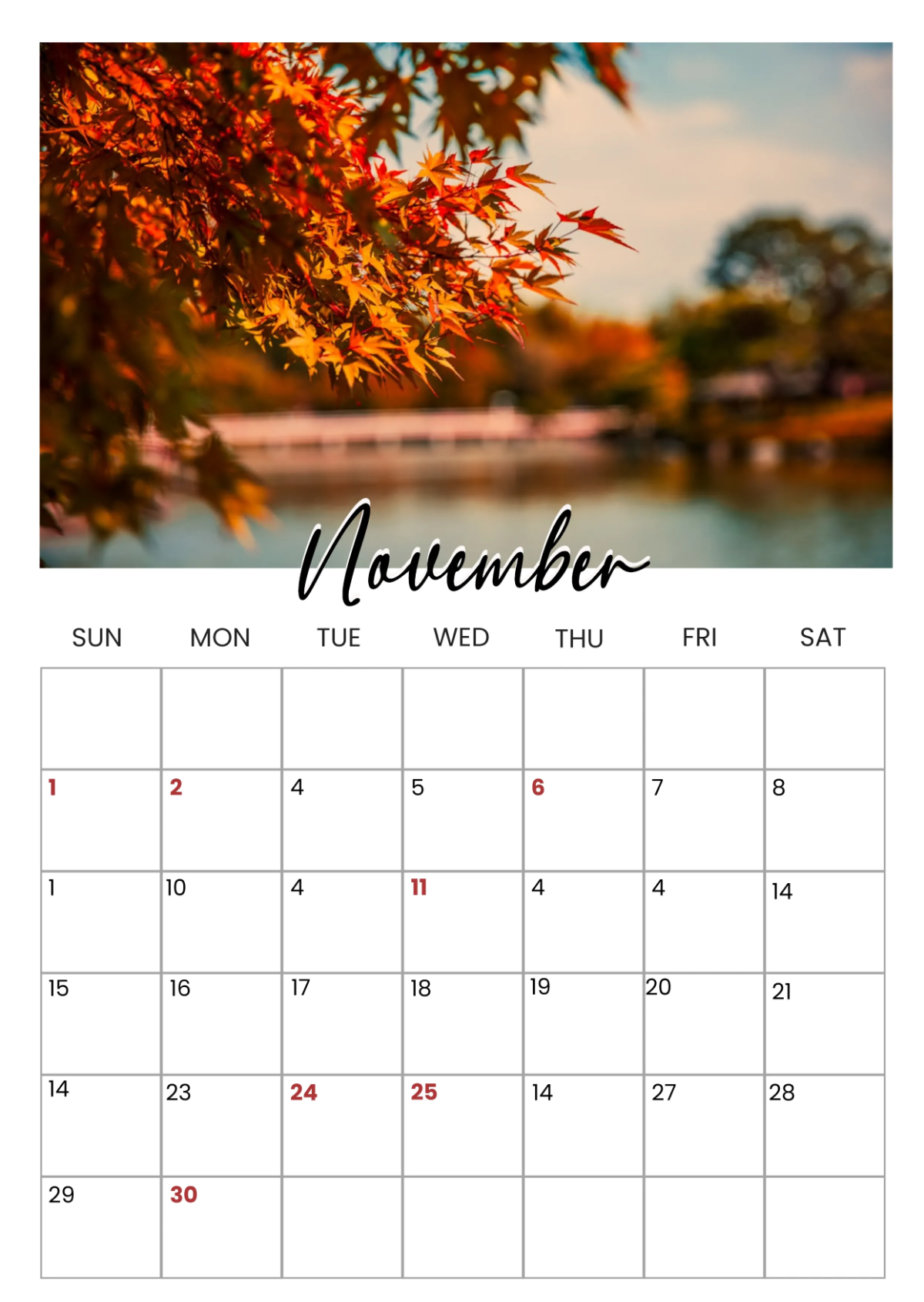 Free November 2026 Daily Calendar Planner Template To Edit Online