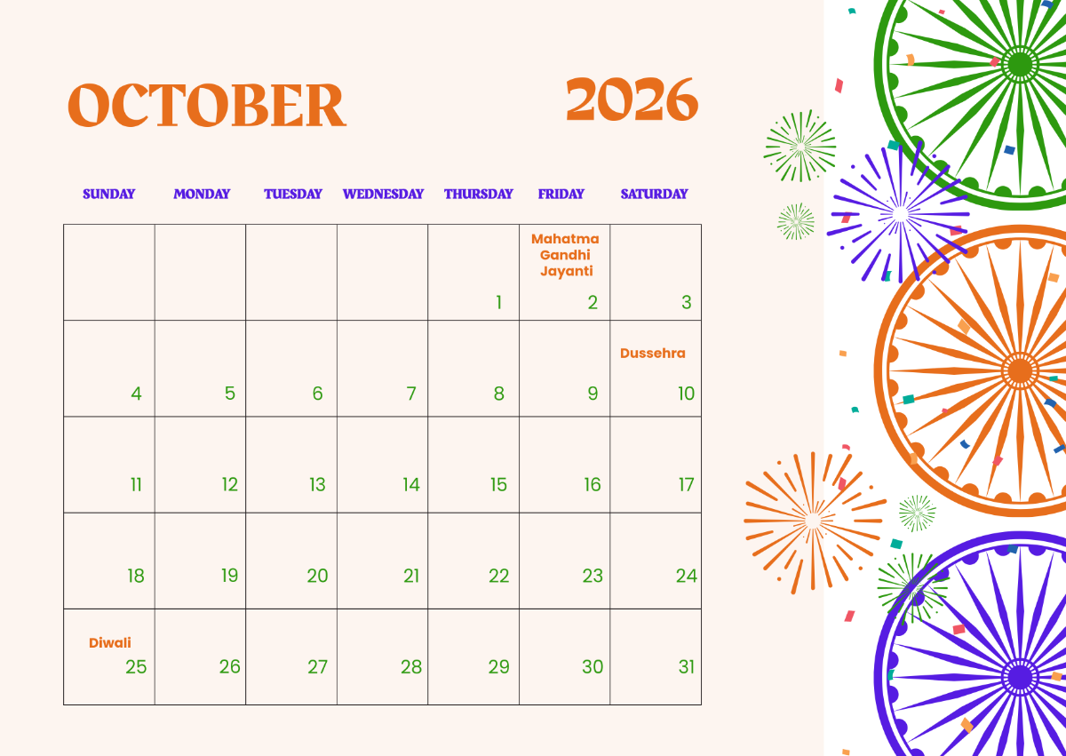 Free October 2026 Calendar With India Festivals Template To Edit 