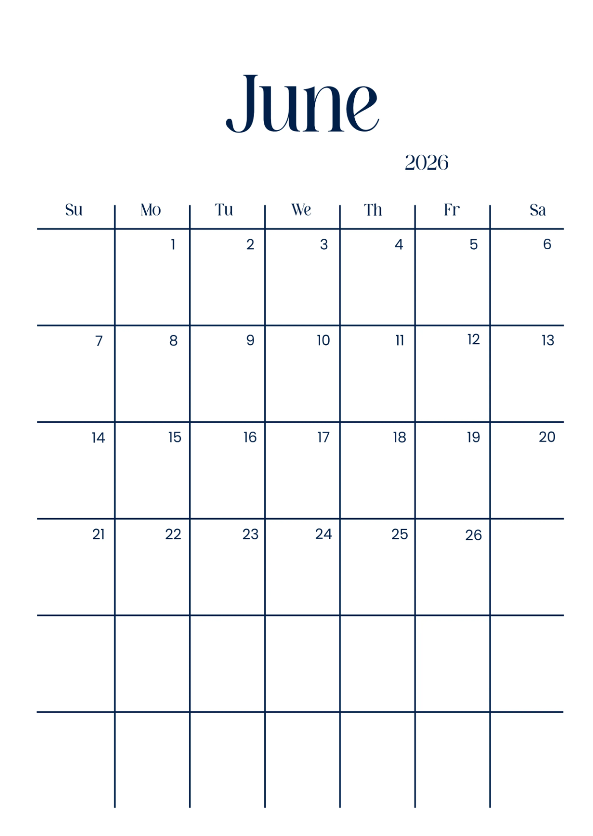 Free Portrait June 2026 Calendar Template To Edit Online