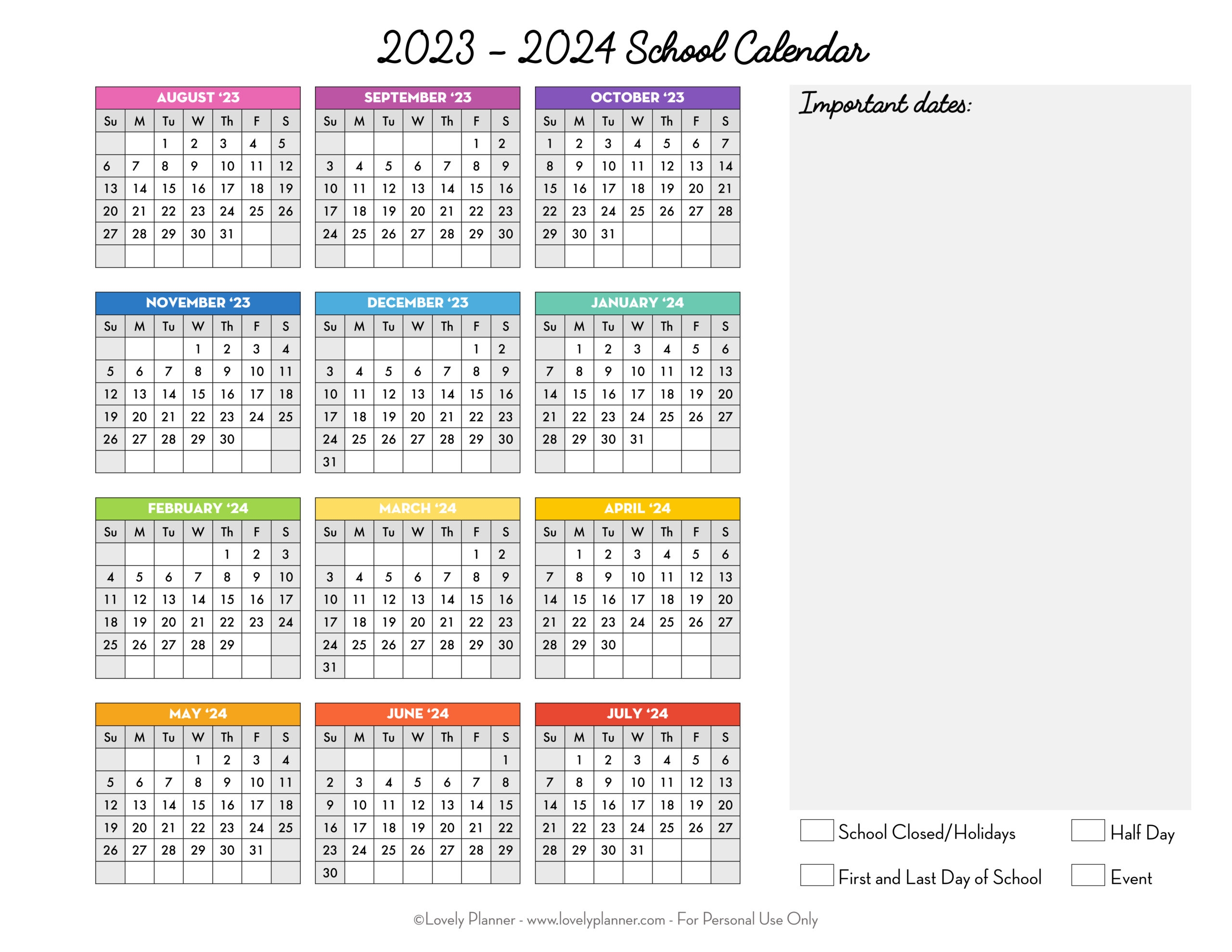 Free Printable 2023 2024 School Calendar One Page Academic 