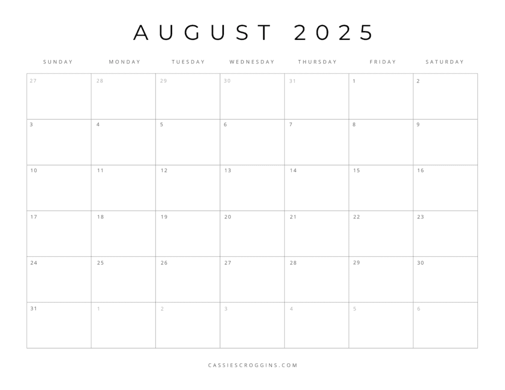 Blank August Calendar Printable