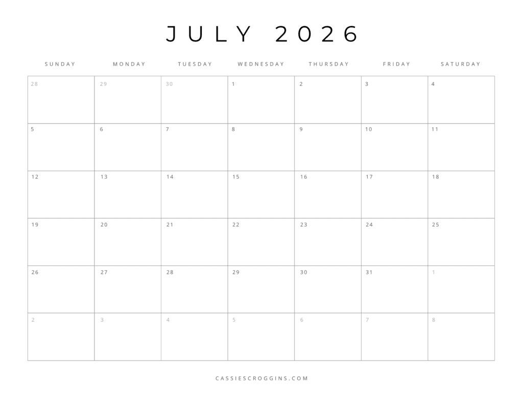 2026 Blank Calendar Free Printables