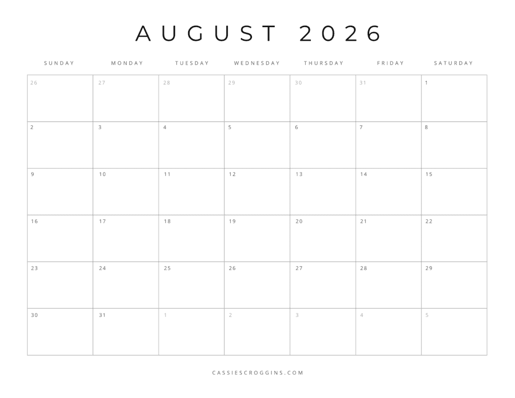 Blank Calendar Pages August 2026