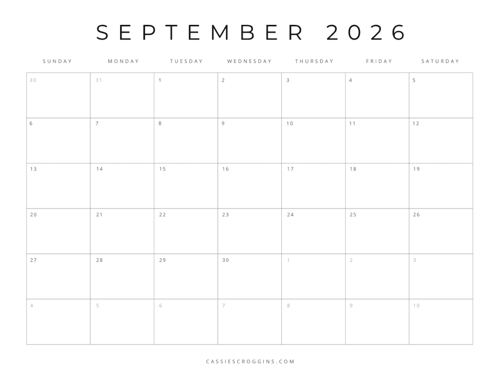 Blank September 2026 Calendar Page