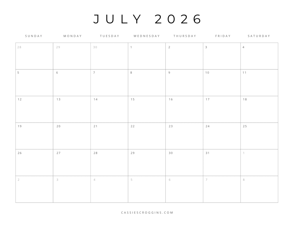 July Calendar Printable 2026