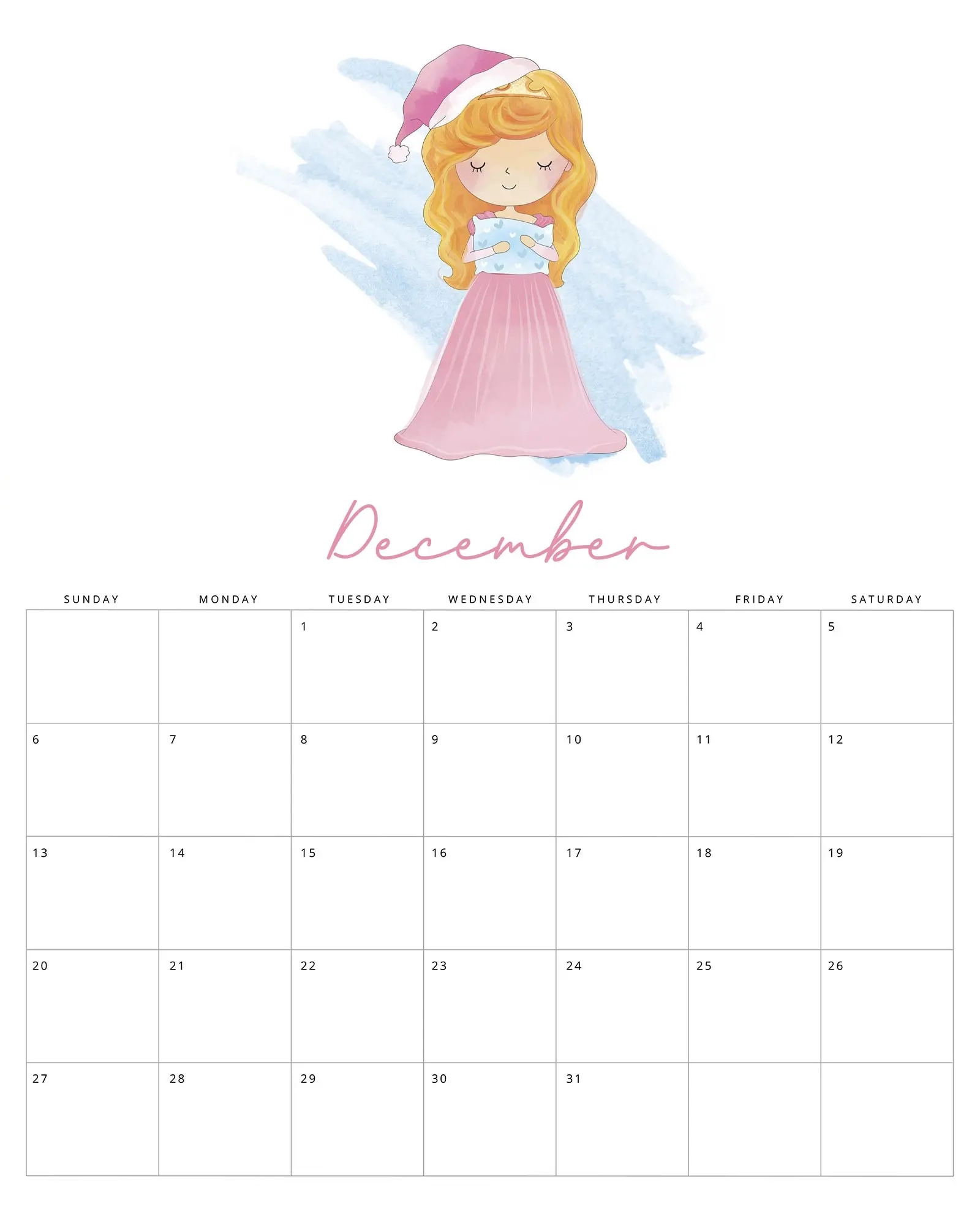 Free Printable 2026 Watercolor Princess Calendar The Cottage Market