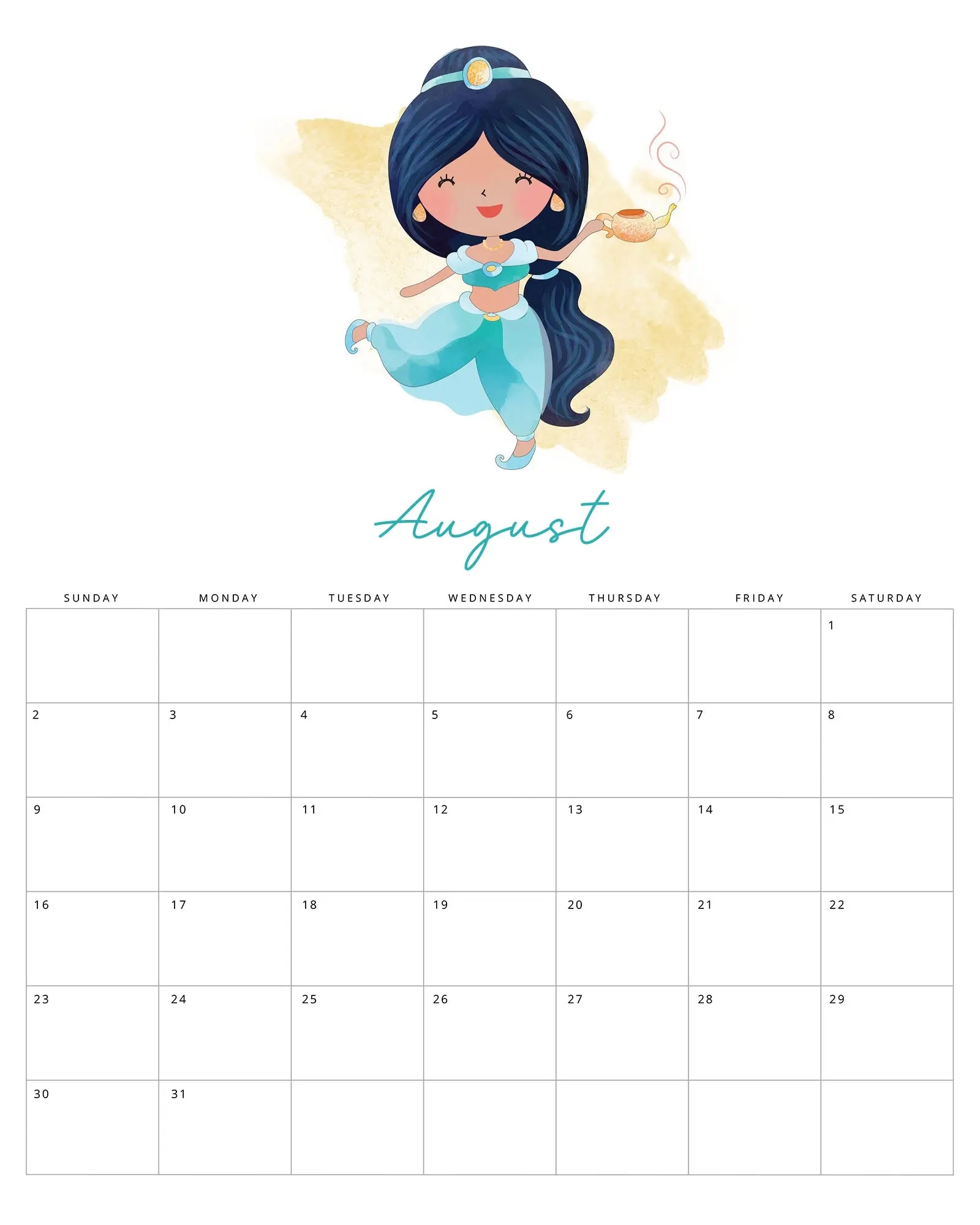 Free Printable 2026 Watercolor Princess Calendar The Cottage Market
