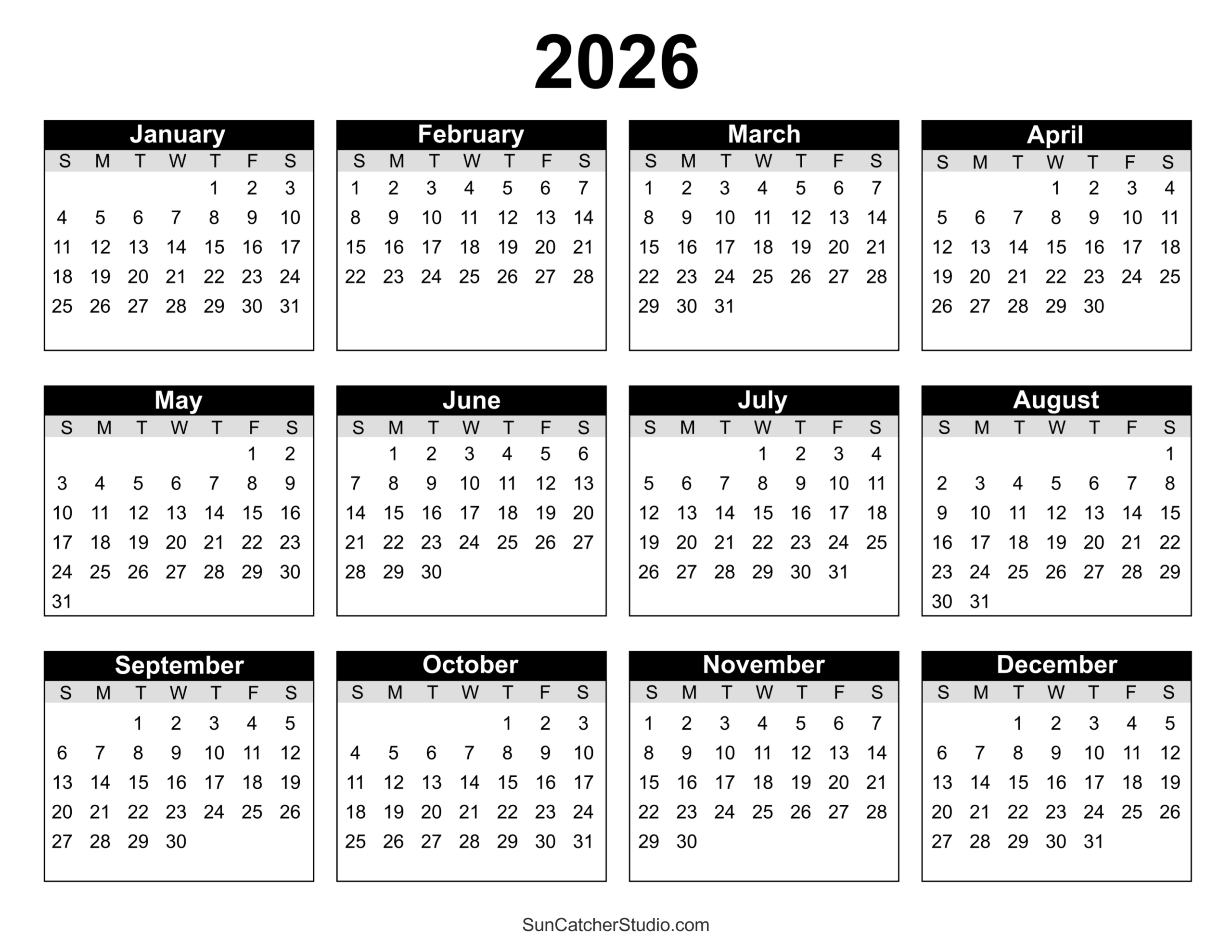 Printable Blank Calendars 2026