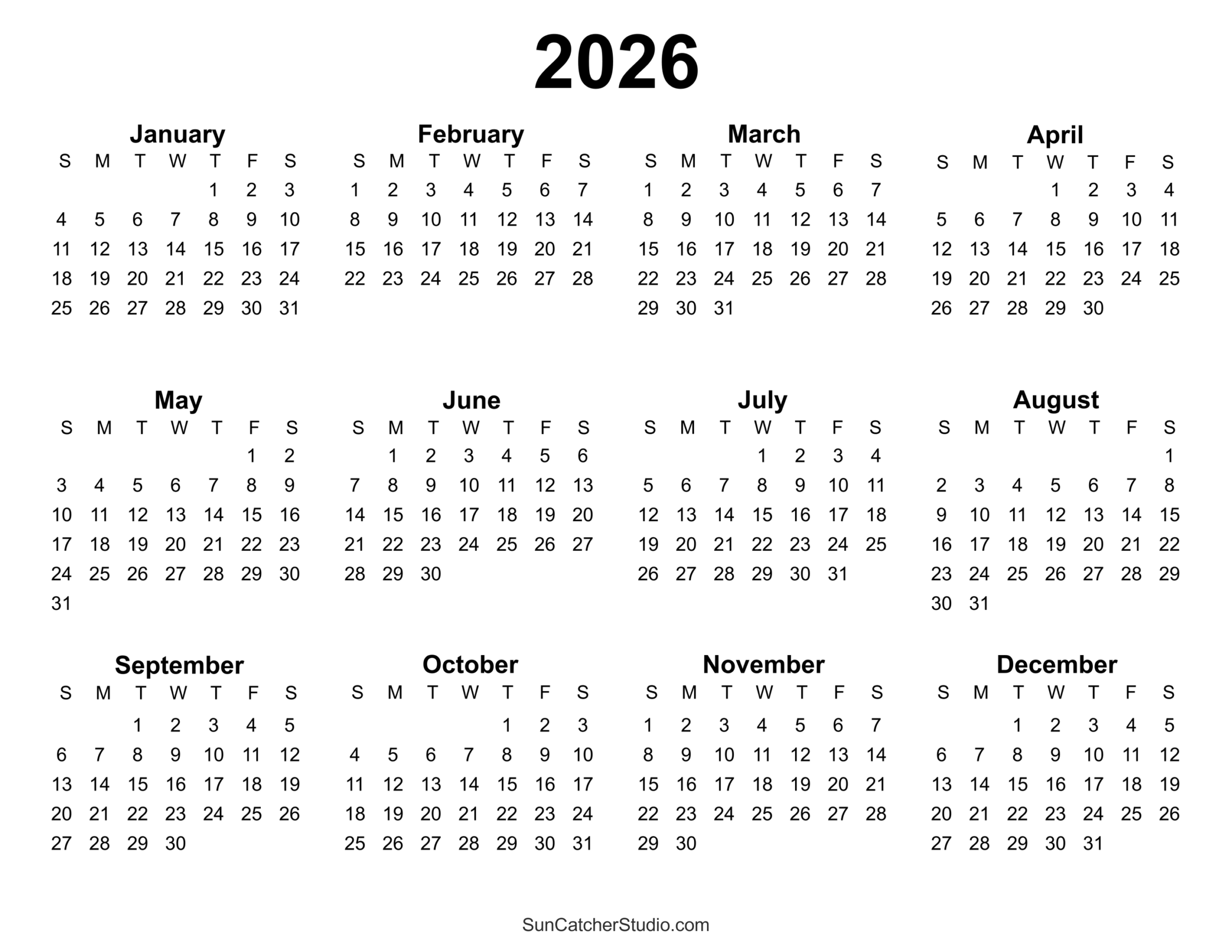 Free Printable 2026 Yearly Calendar Free Printables Lettering 