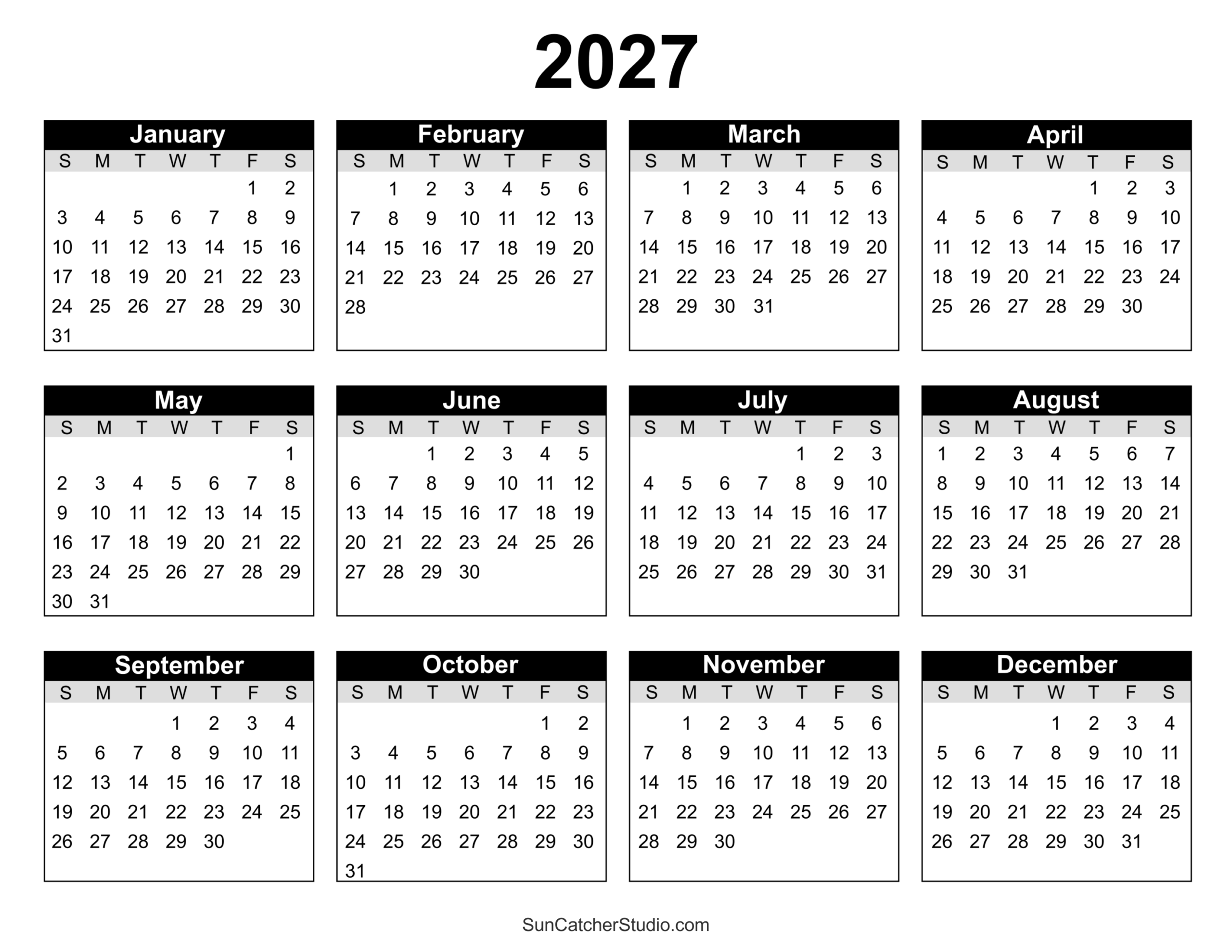 Free Printable 2027 Yearly Calendar Free Printables Lettering 