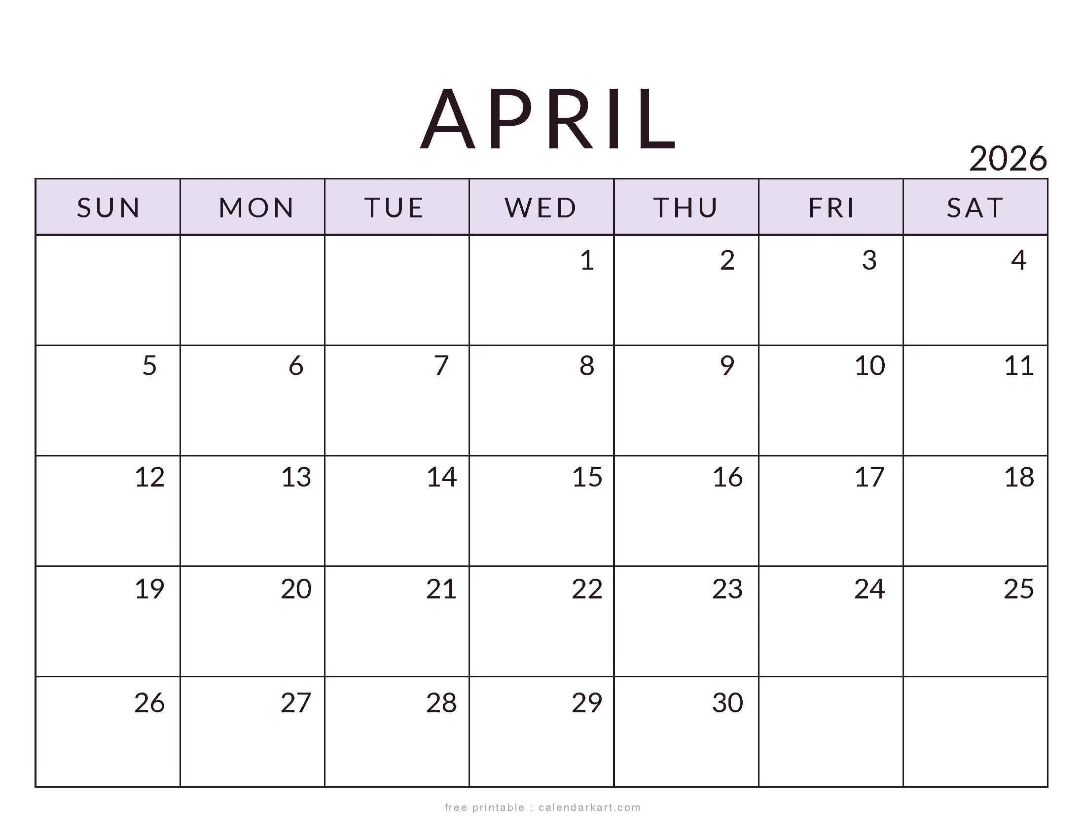 Free Printable April 2026 Calendars Free Printable PDF