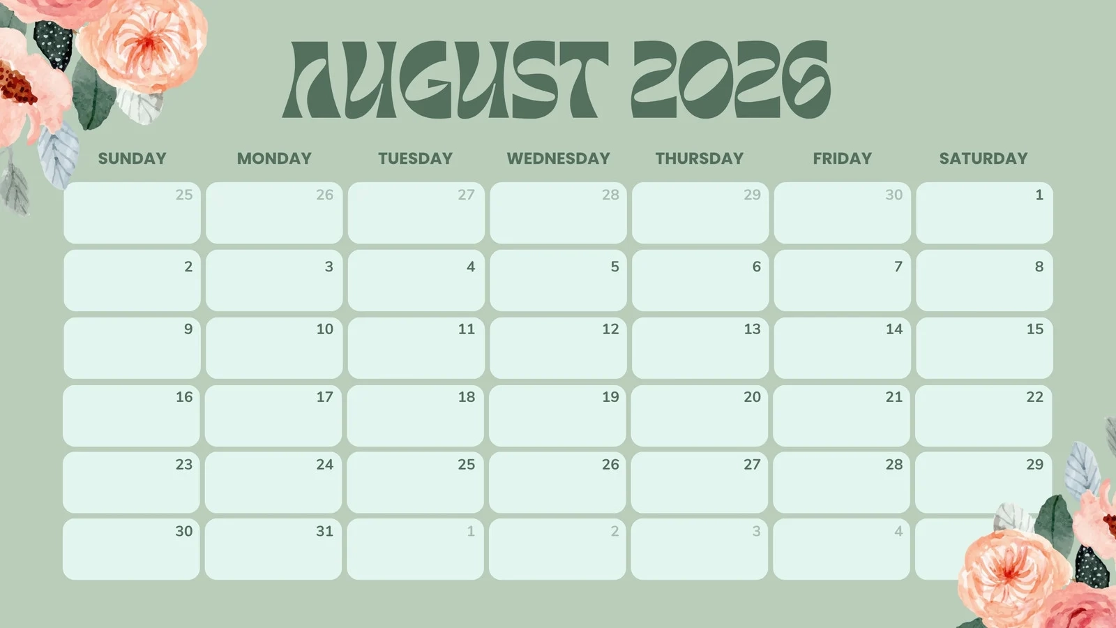 Free Printable August 2026 Calendar Templates Canva